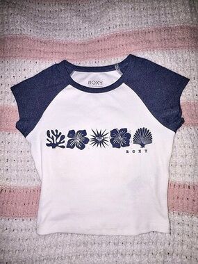 Roxy Shell Band 90S Baby Tee Graphic Raglan White & Blue Small